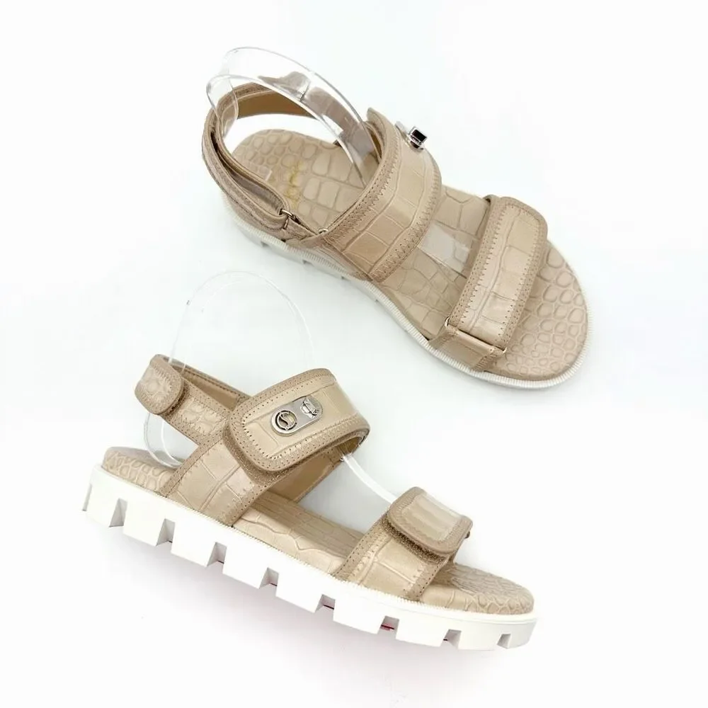 CHRISTIAN LOUBOUTIN Lock Cool Beige Dad Sandal Size 37.5 US 7 Chunky Croc Emboss
